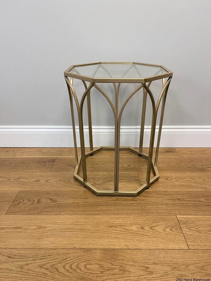 Hexagonal Gold Metal Side Table with Glass Top — Fair Used Condition – styled product image