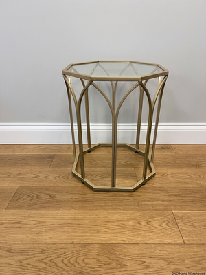 Hexagonal Gold Metal Side Table with Glass Top — Fair Used Condition – styled product image