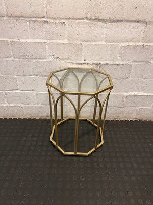 Hexagonal Gold Metal Side Table with Glass Top — Fair Used Condition – top view