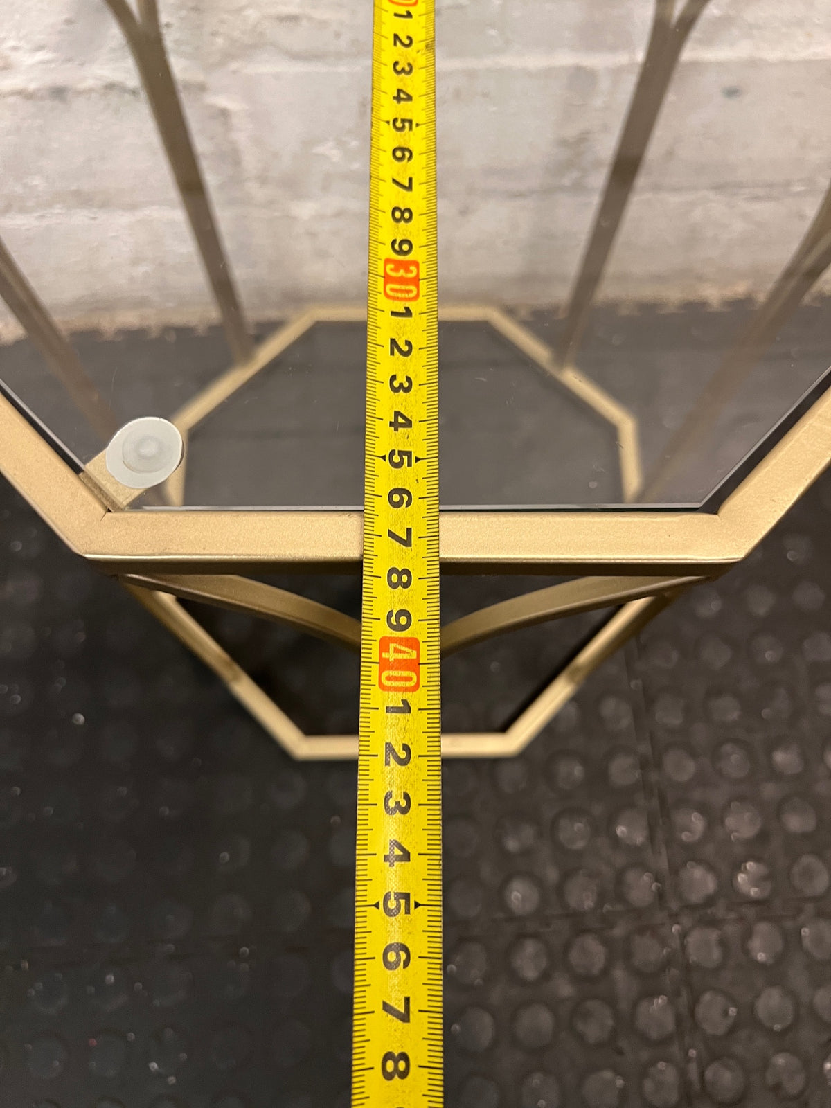 Hexagonal Gold Metal Side Table with Glass Top — Fair Used Condition – width measurement