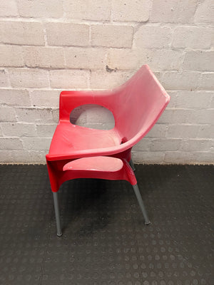 Modern Red Moulded Plastic Chair with Metal Legs — Faded Red Chairs in Fair Condition – condition detail
