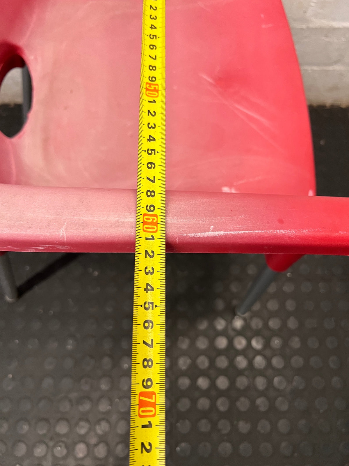 Modern Red Moulded Plastic Chair with Metal Legs — Faded Red Chairs in Fair Condition – width measurement