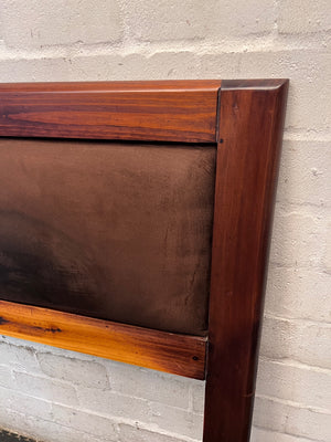 Rustic Wooden Headboard with Brown Upholstered Panel — Good Used Condition – back view