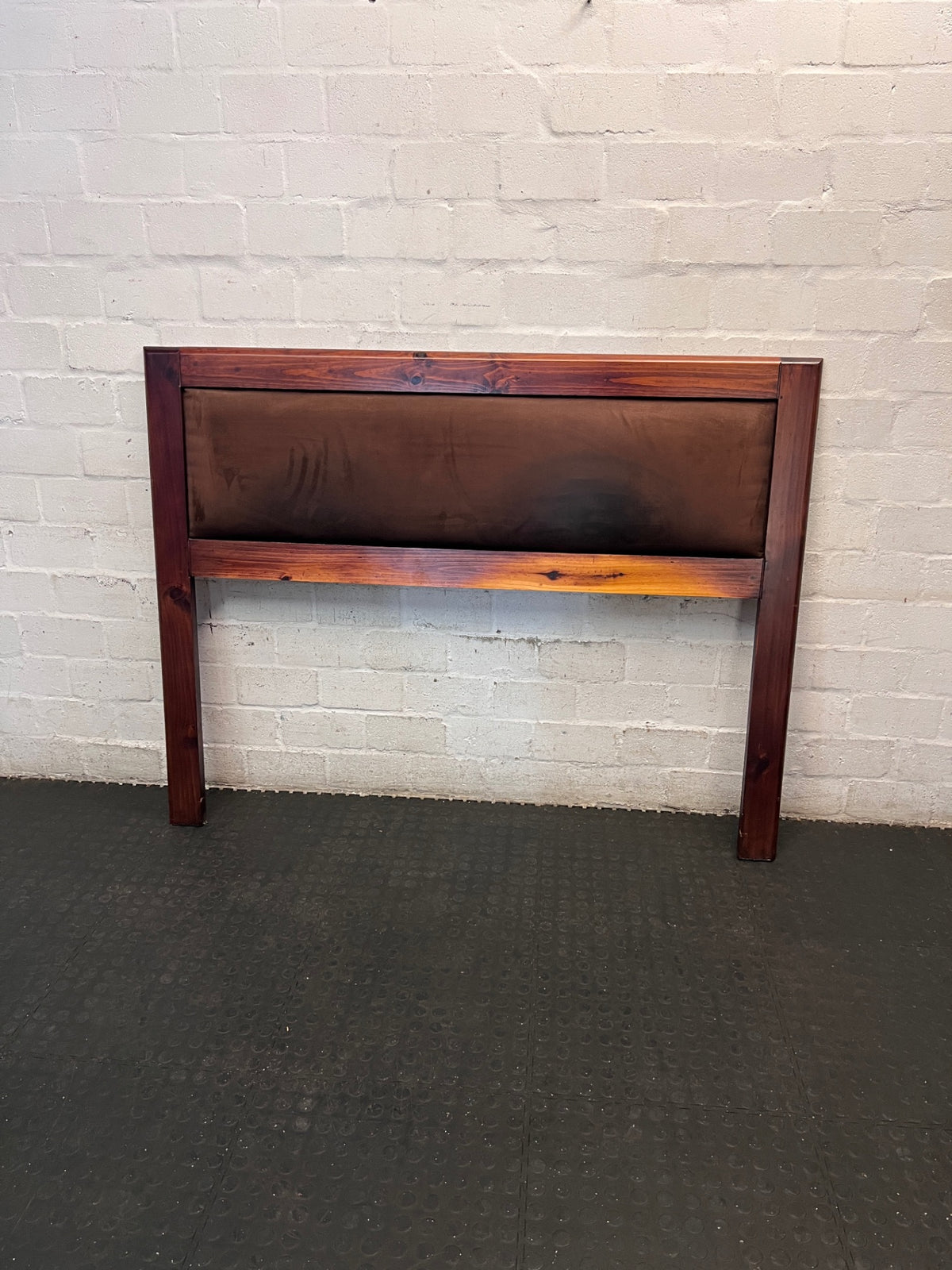 Rustic Wooden Headboard with Brown Upholstered Panel — Good Used Condition – main front view