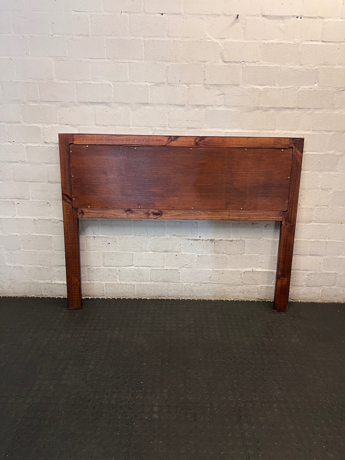 Rustic Wooden Headboard with Brown Upholstered Panel — Good Used Condition – side view