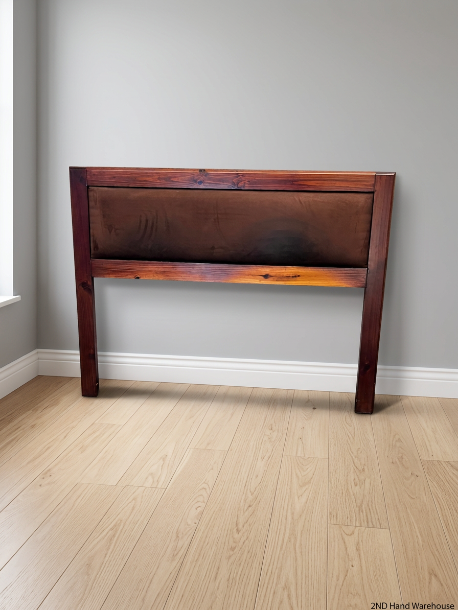Rustic Wooden Headboard with Brown Upholstered Panel — Good Used Condition – styled product image