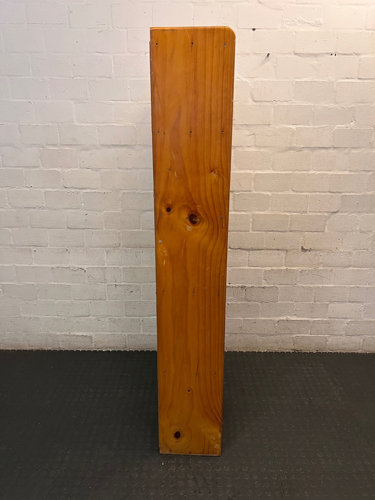Tall Wooden 5-Shelf Bookshelf in Natural Finish — Fair Condition with Visible Wear – back view