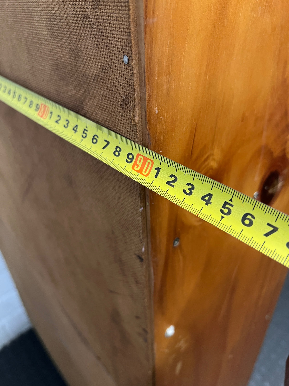 Tall Wooden 5-Shelf Bookshelf in Natural Finish — Fair Condition with Visible Wear – depth measurement