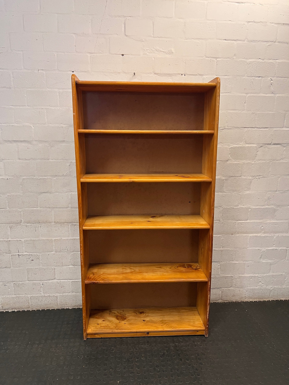 Tall Wooden 5-Shelf Bookshelf in Natural Finish — Fair Condition with Visible Wear – main front view