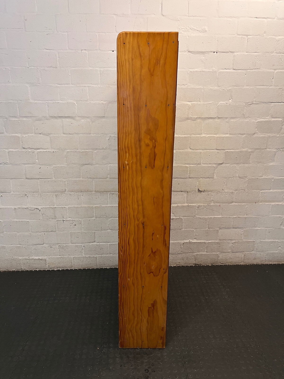 Tall Wooden 5-Shelf Bookshelf in Natural Finish — Fair Condition with Visible Wear – side view
