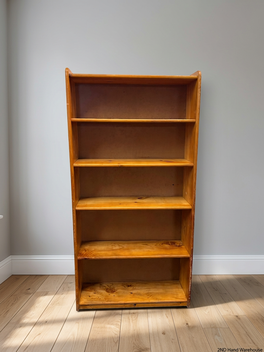 Tall Wooden 5-Shelf Bookshelf in Natural Finish — Fair Condition with Visible Wear – styled product image