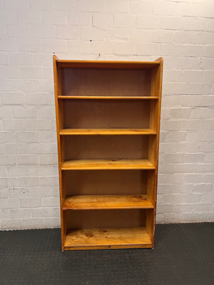 Tall Wooden 5-Shelf Bookshelf in Natural Finish — Fair Condition with Visible Wear – top view