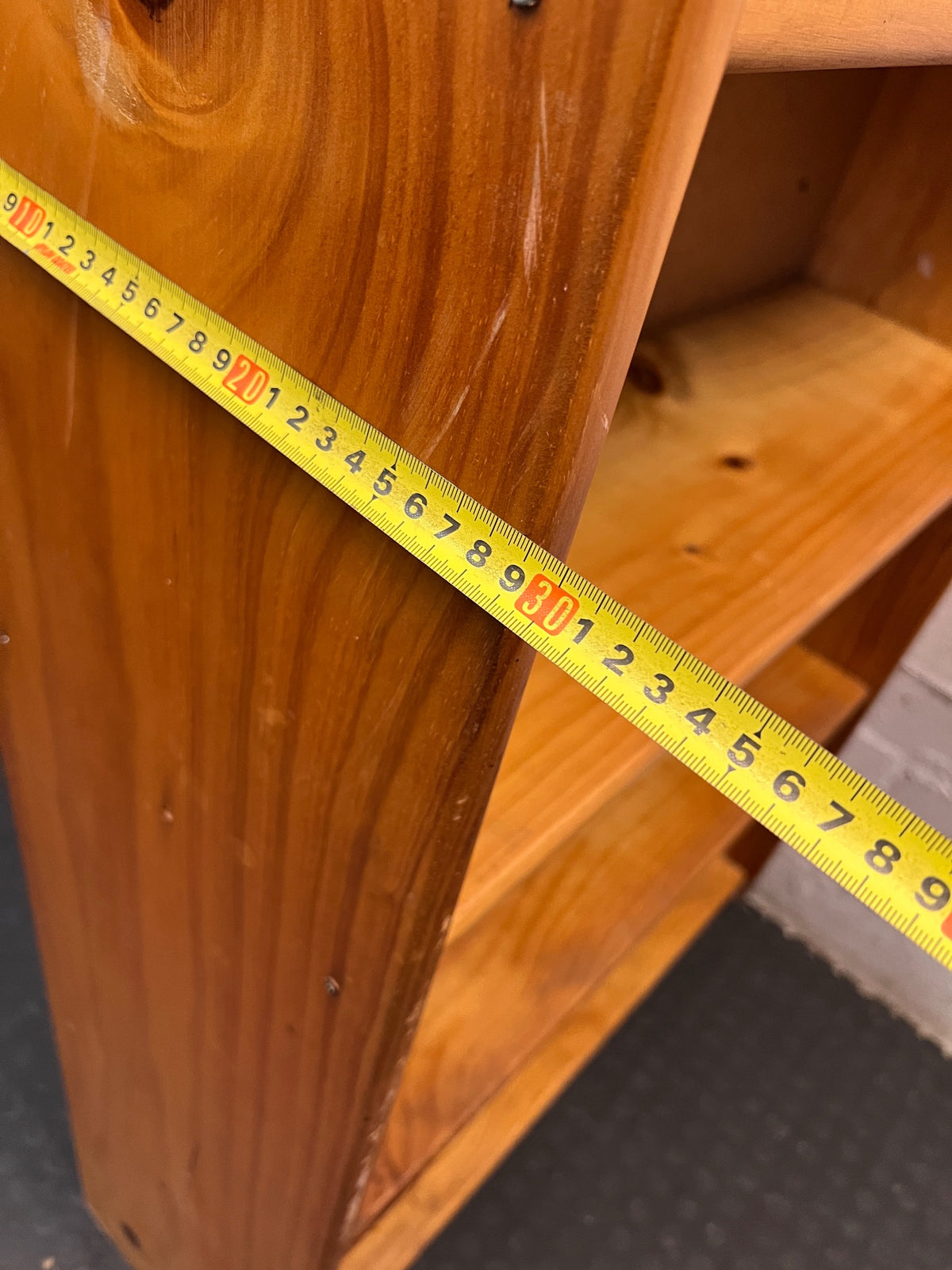 Tall Wooden 5-Shelf Bookshelf in Natural Finish — Fair Condition with Visible Wear – width measurement