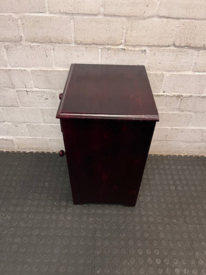 Rich Brown Wooden Bedside Table with Drawer and Cupboard — Fair Condition; Wear and Upkeep Identified – back view