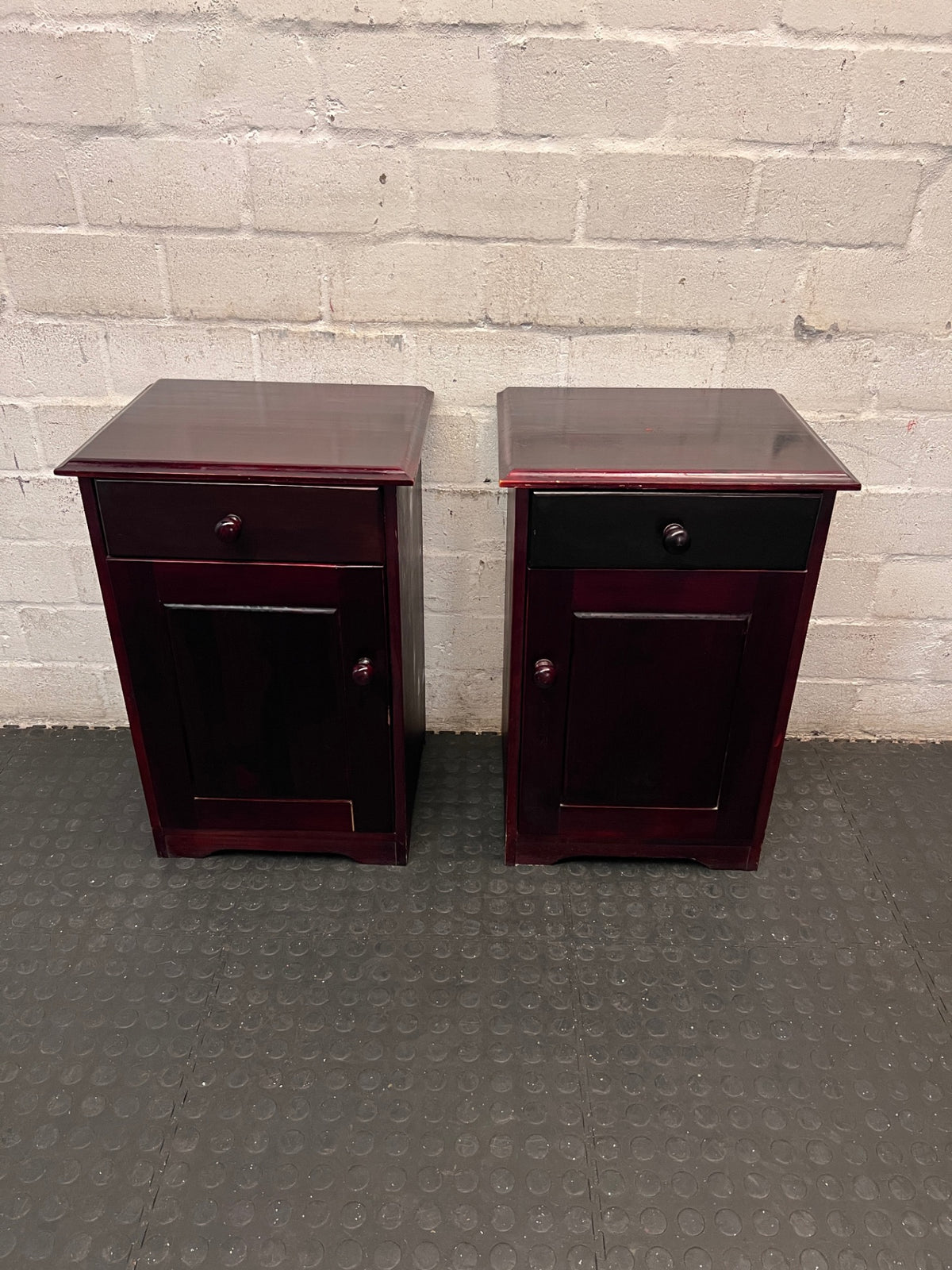 Rich Brown Wooden Bedside Table with Drawer and Cupboard — Fair Condition; Wear and Upkeep Identified – condition detail
