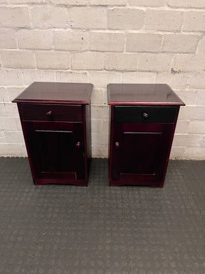Rich Brown Wooden Bedside Table with Drawer and Cupboard — Fair Condition; Wear and Upkeep Identified – condition detail