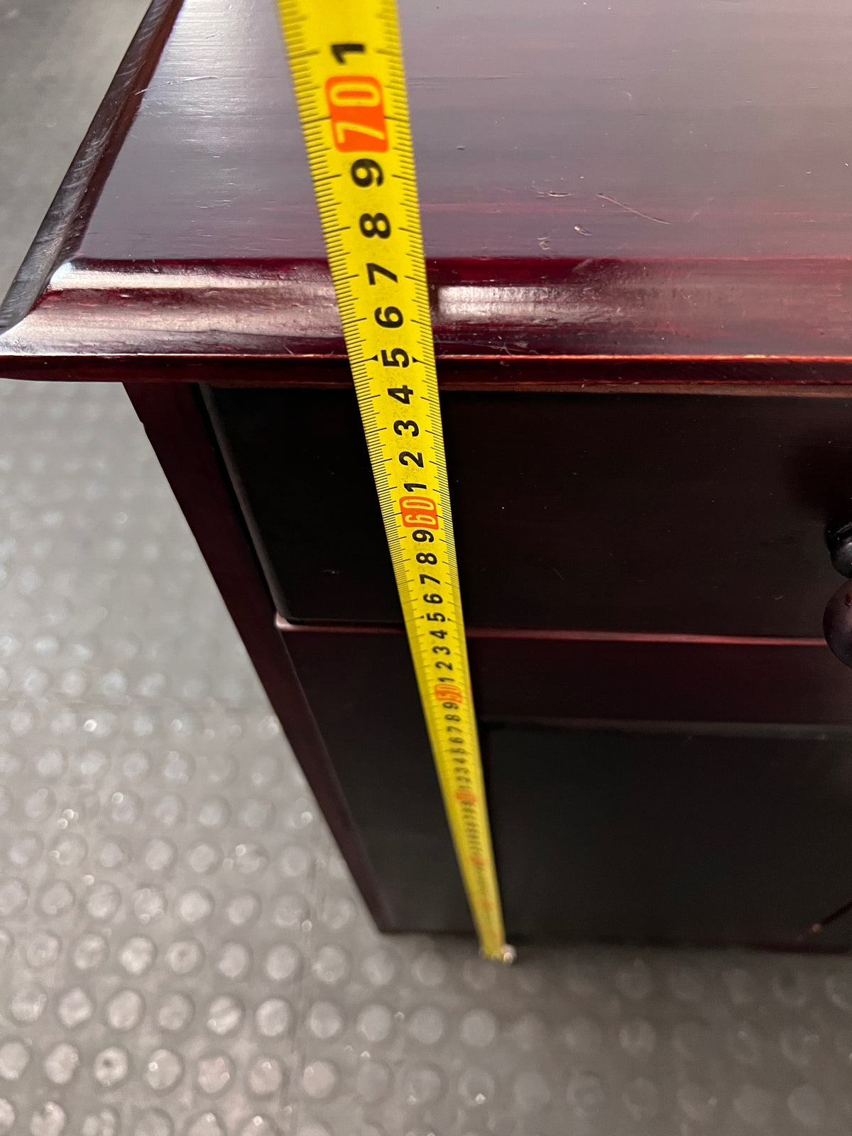 Rich Brown Wooden Bedside Table with Drawer and Cupboard — Fair Condition; Wear and Upkeep Identified – height measurement