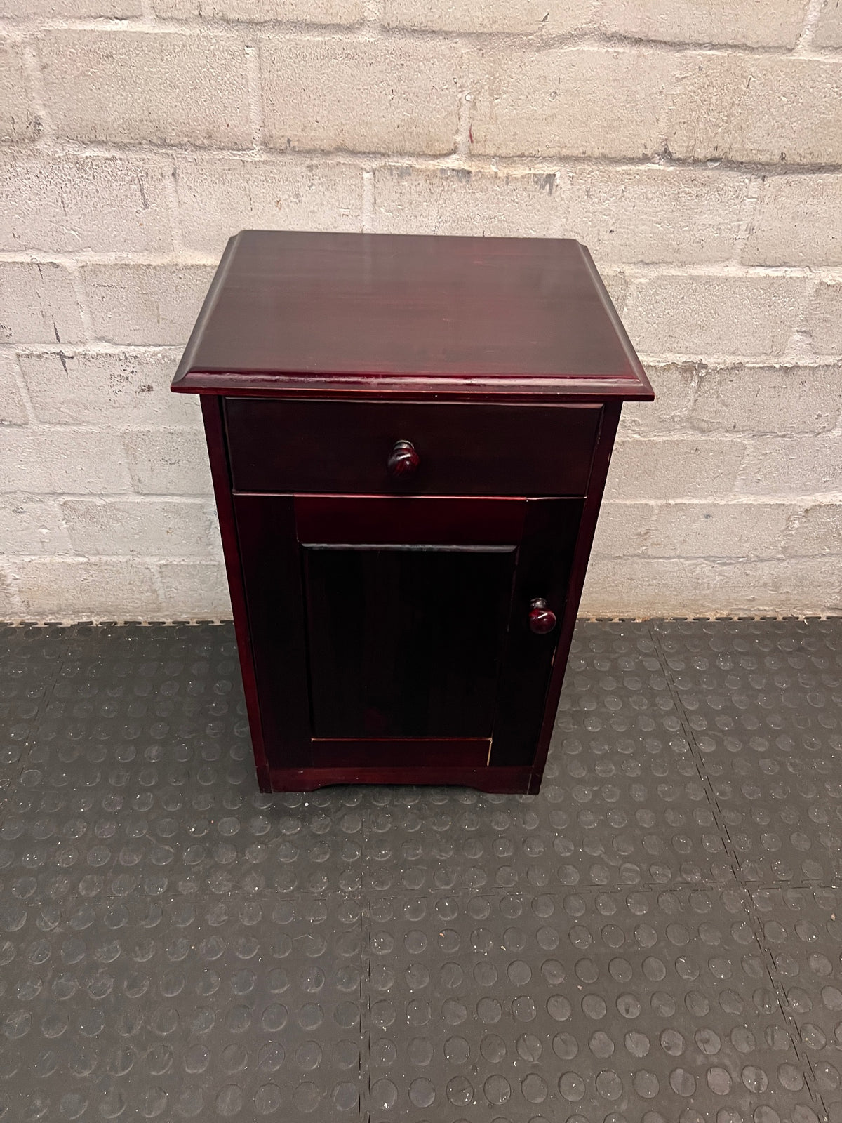 Rich Brown Wooden Bedside Table with Drawer and Cupboard — Fair Condition; Wear and Upkeep Identified – main front view