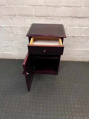 Rich Brown Wooden Bedside Table with Drawer and Cupboard — Fair Condition; Wear and Upkeep Identified – side view