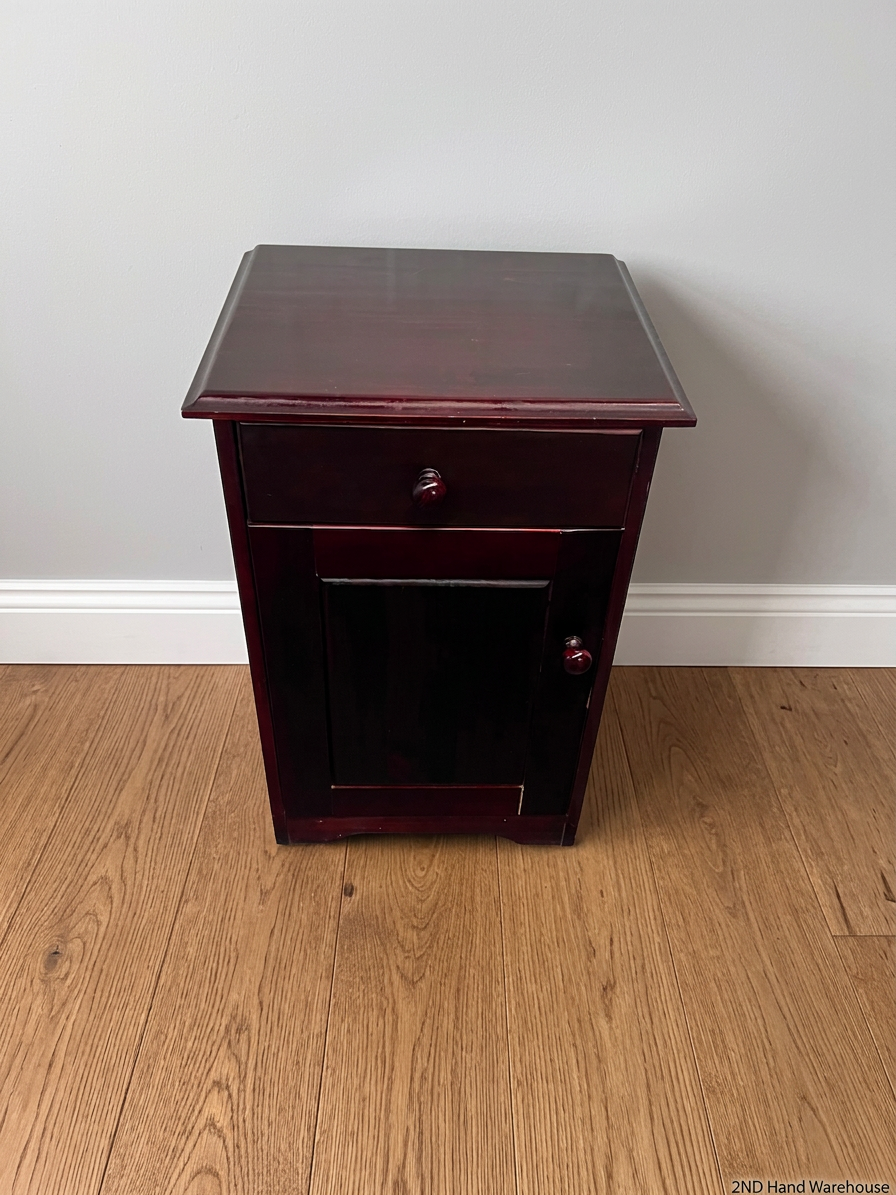 Rich Brown Wooden Bedside Table with Drawer and Cupboard — Fair Condition; Wear and Upkeep Identified – styled product image
