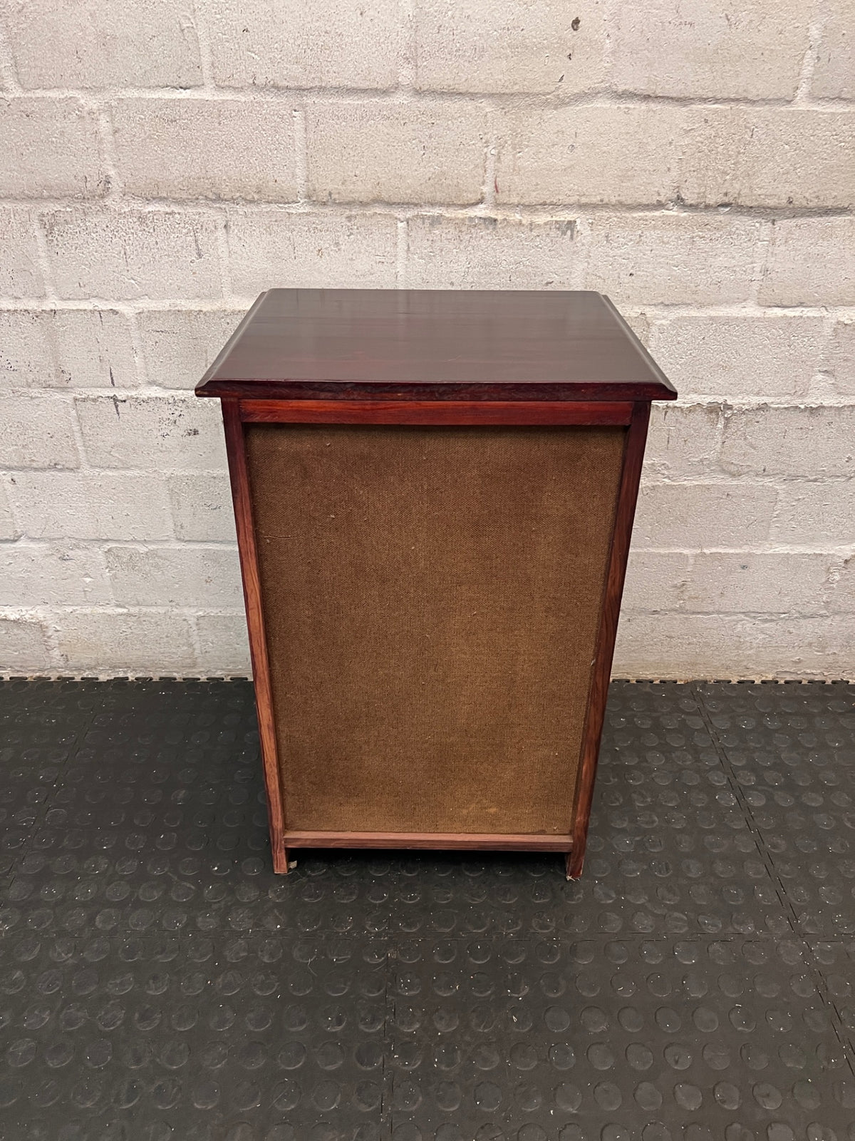 Rich Brown Wooden Bedside Table with Drawer and Cupboard — Fair Condition; Wear and Upkeep Identified – top view