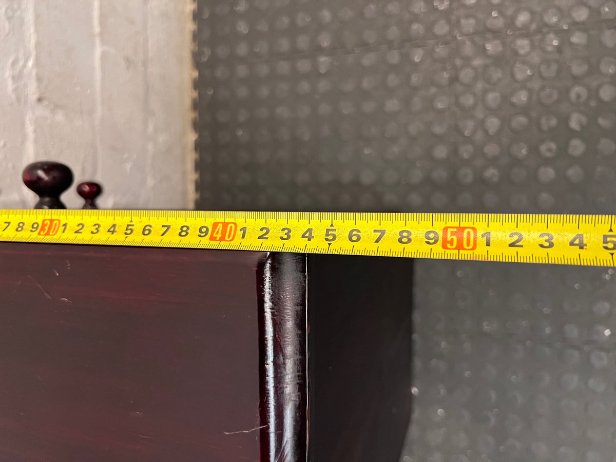 Rich Brown Wooden Bedside Table with Drawer and Cupboard — Fair Condition; Wear and Upkeep Identified – width measurement