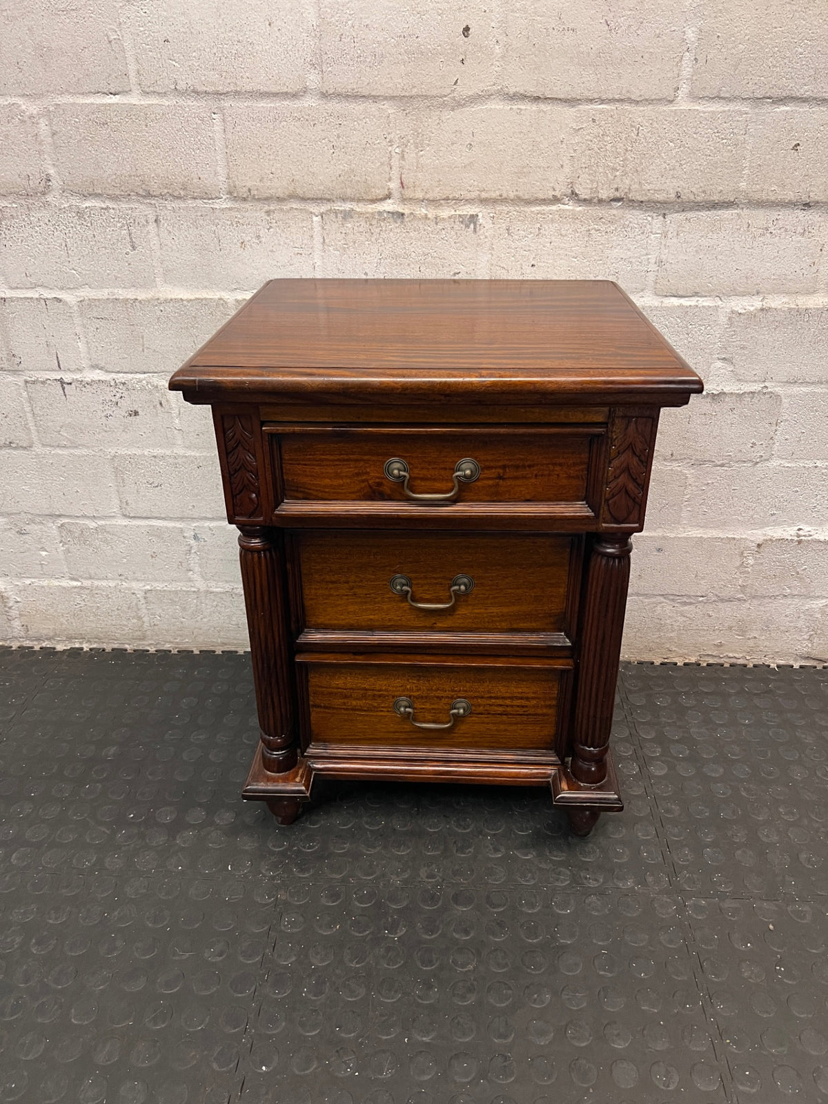 Classic Carved Wooden Side Table with 3 Drawers — Fair Used Condition – main front view