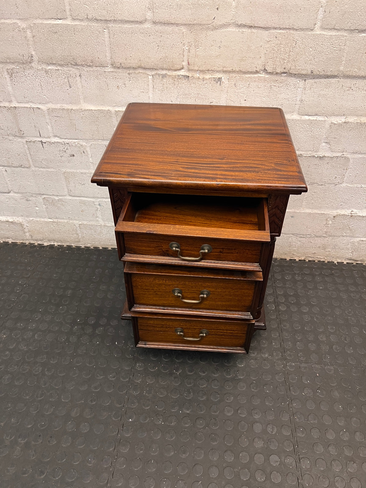 Classic Carved Wooden Side Table with 3 Drawers — Fair Used Condition – side view