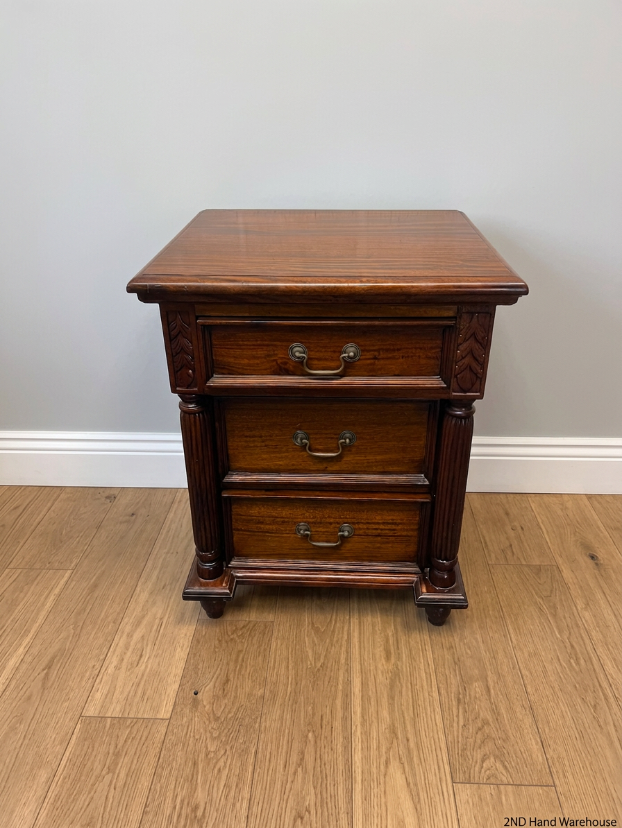 Classic Carved Wooden Side Table with 3 Drawers — Fair Used Condition – styled product image