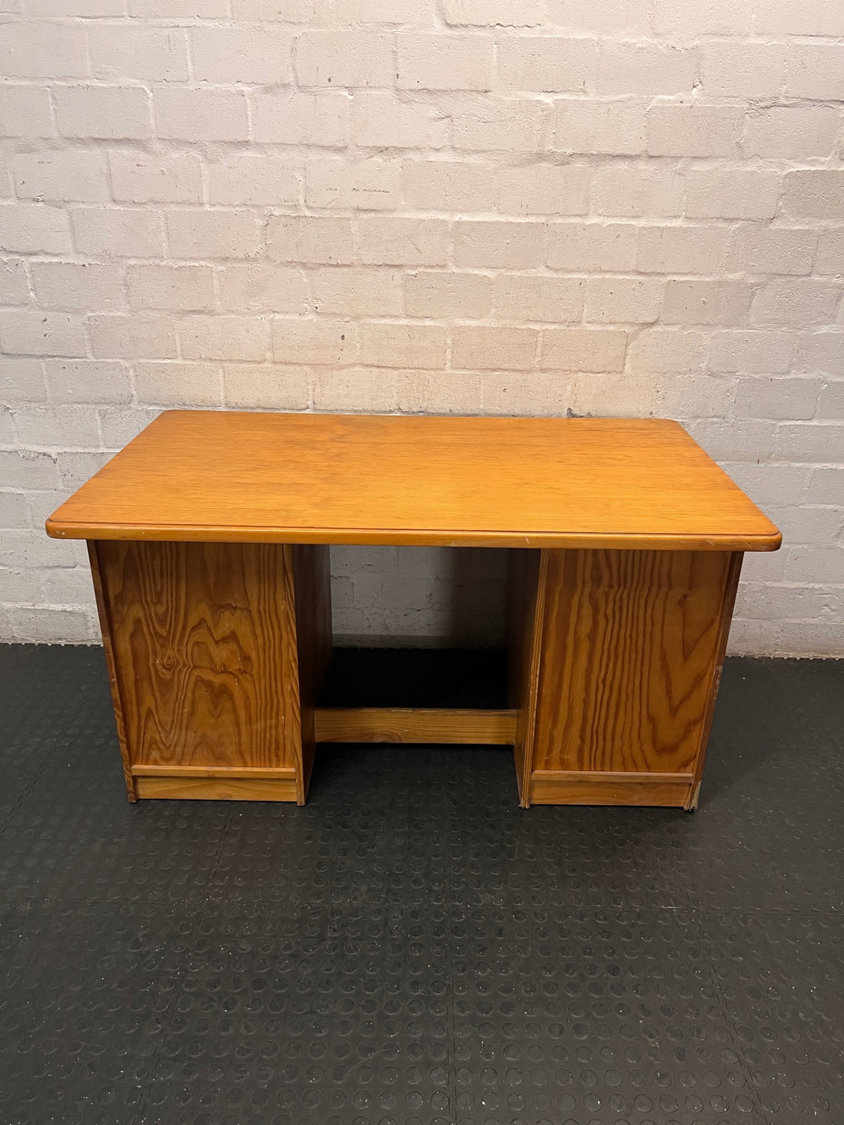 Classic Wood Office Desk with Drawers and Cupboard — Fair Condition with Visible Wear – back view
