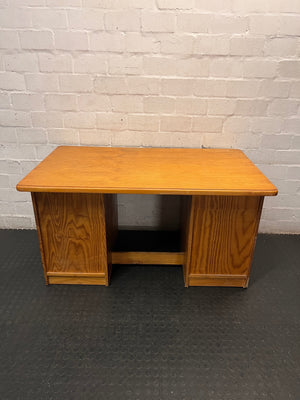 Classic Wood Office Desk with Drawers and Cupboard — Fair Condition with Visible Wear – back view