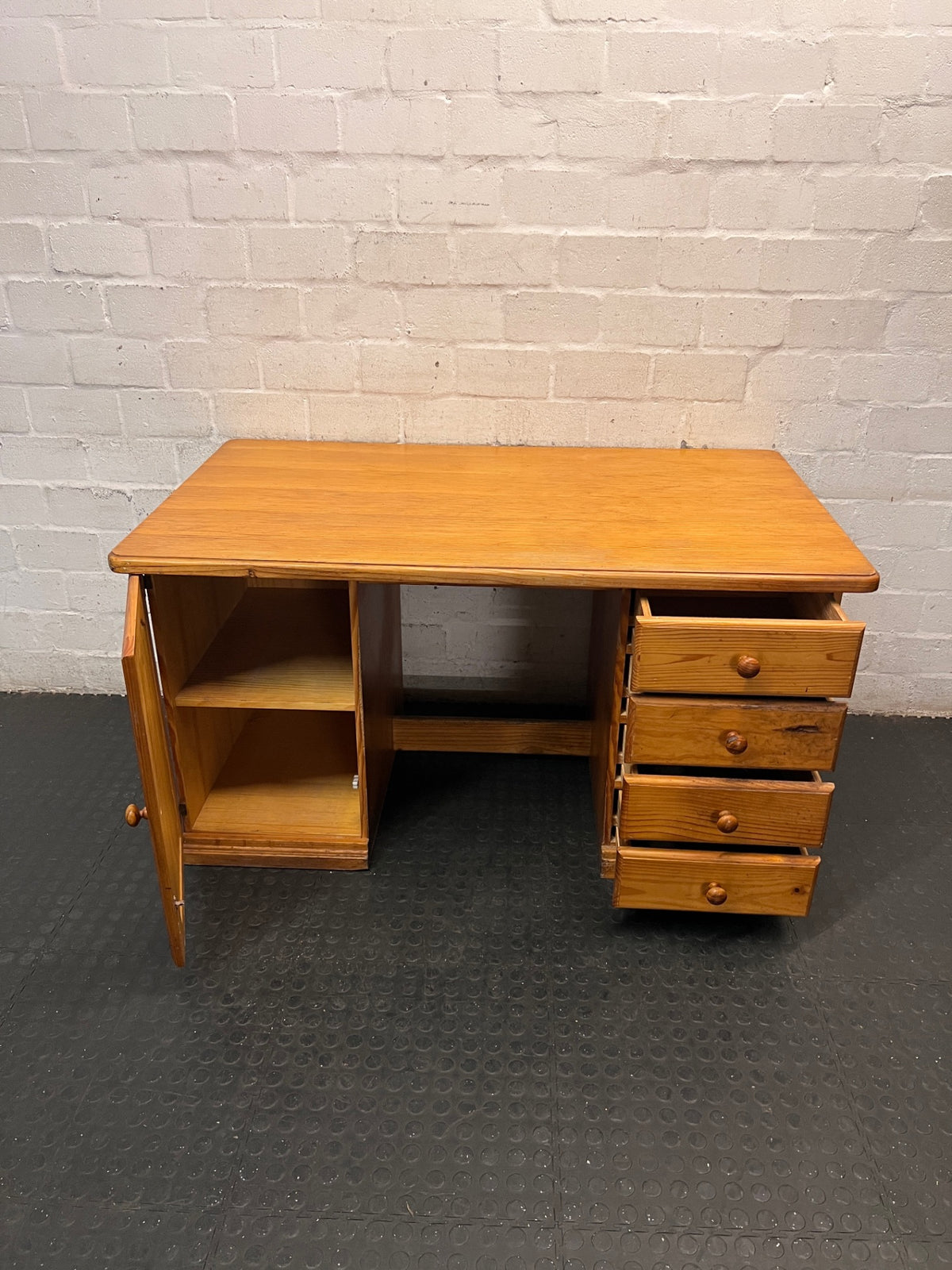 Classic Wood Office Desk with Drawers and Cupboard — Fair Condition with Visible Wear – side view