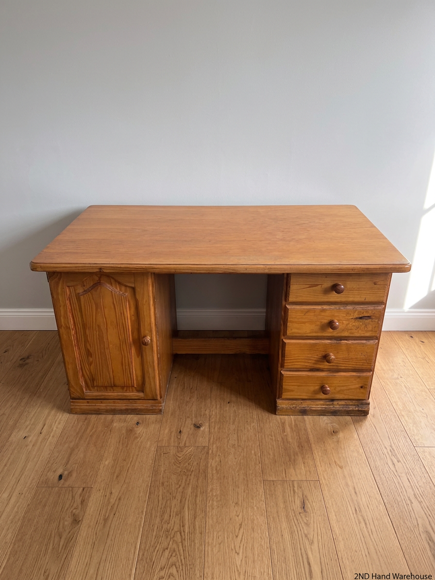 Classic Wood Office Desk with Drawers and Cupboard — Fair Condition with Visible Wear – styled product image