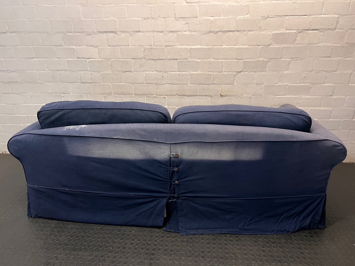 Navy Blue 3 Seater Couch with Rolled Arms — Damaged Armrest – back view