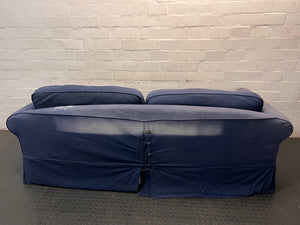 Navy Blue 3 Seater Couch with Rolled Arms — Damaged Armrest – back view