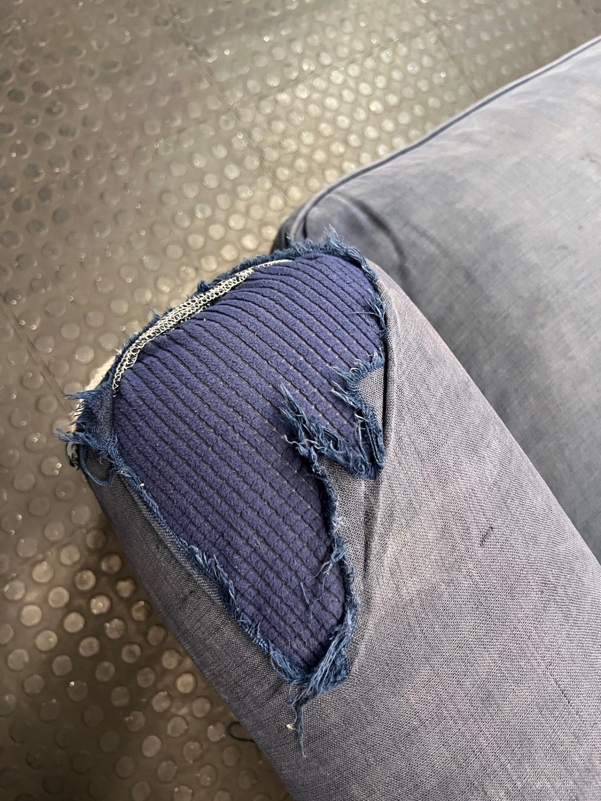 Navy Blue 3 Seater Couch with Rolled Arms — Damaged Armrest – condition detail