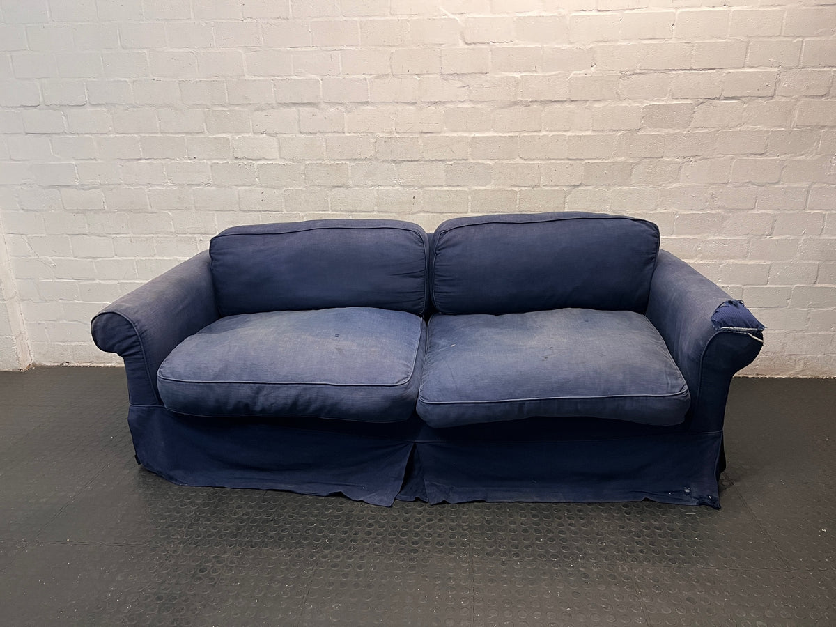 Navy Blue 3 Seater Couch with Rolled Arms — Damaged Armrest – main front view