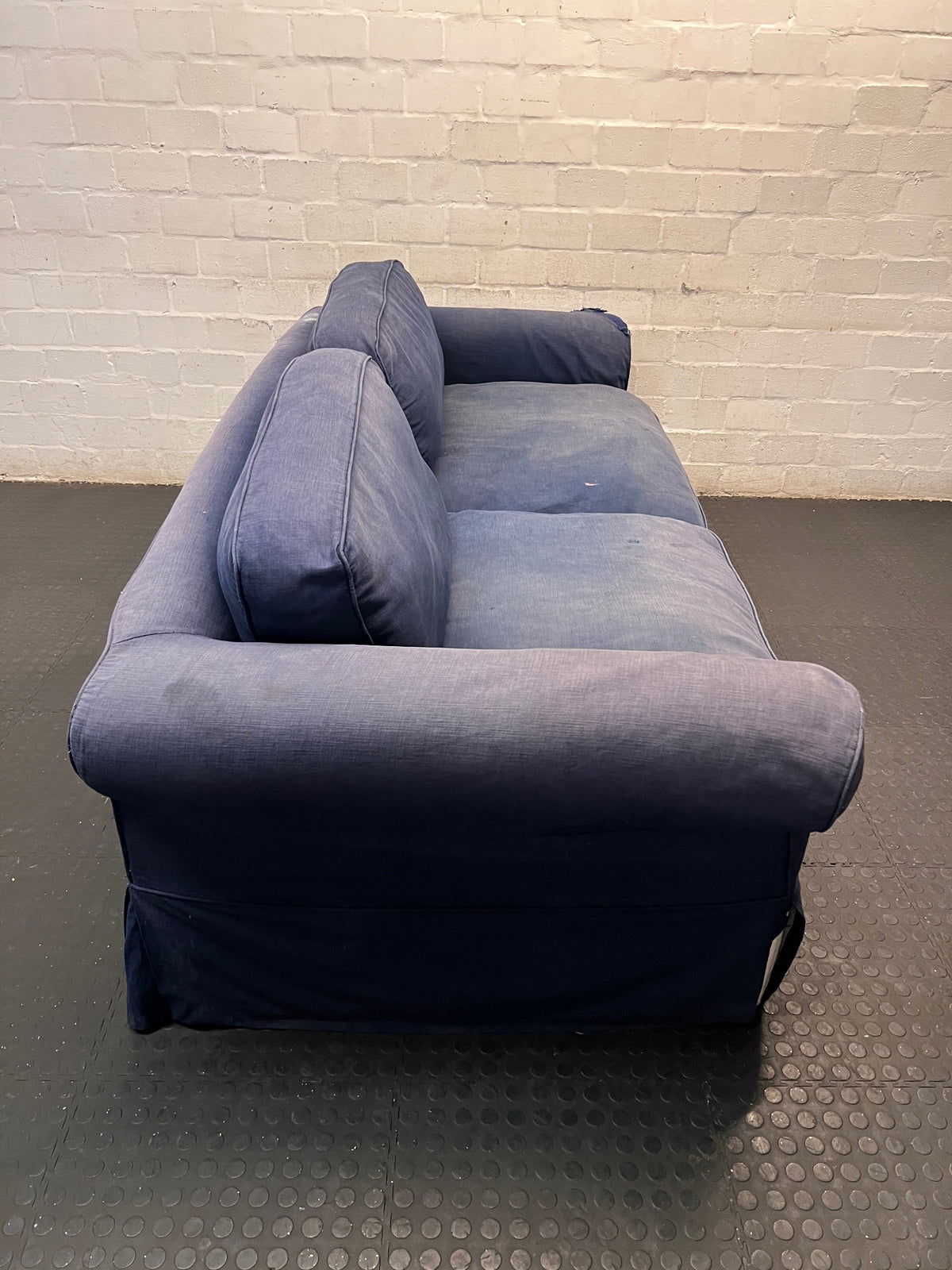 Navy Blue 3 Seater Couch with Rolled Arms — Damaged Armrest – side view