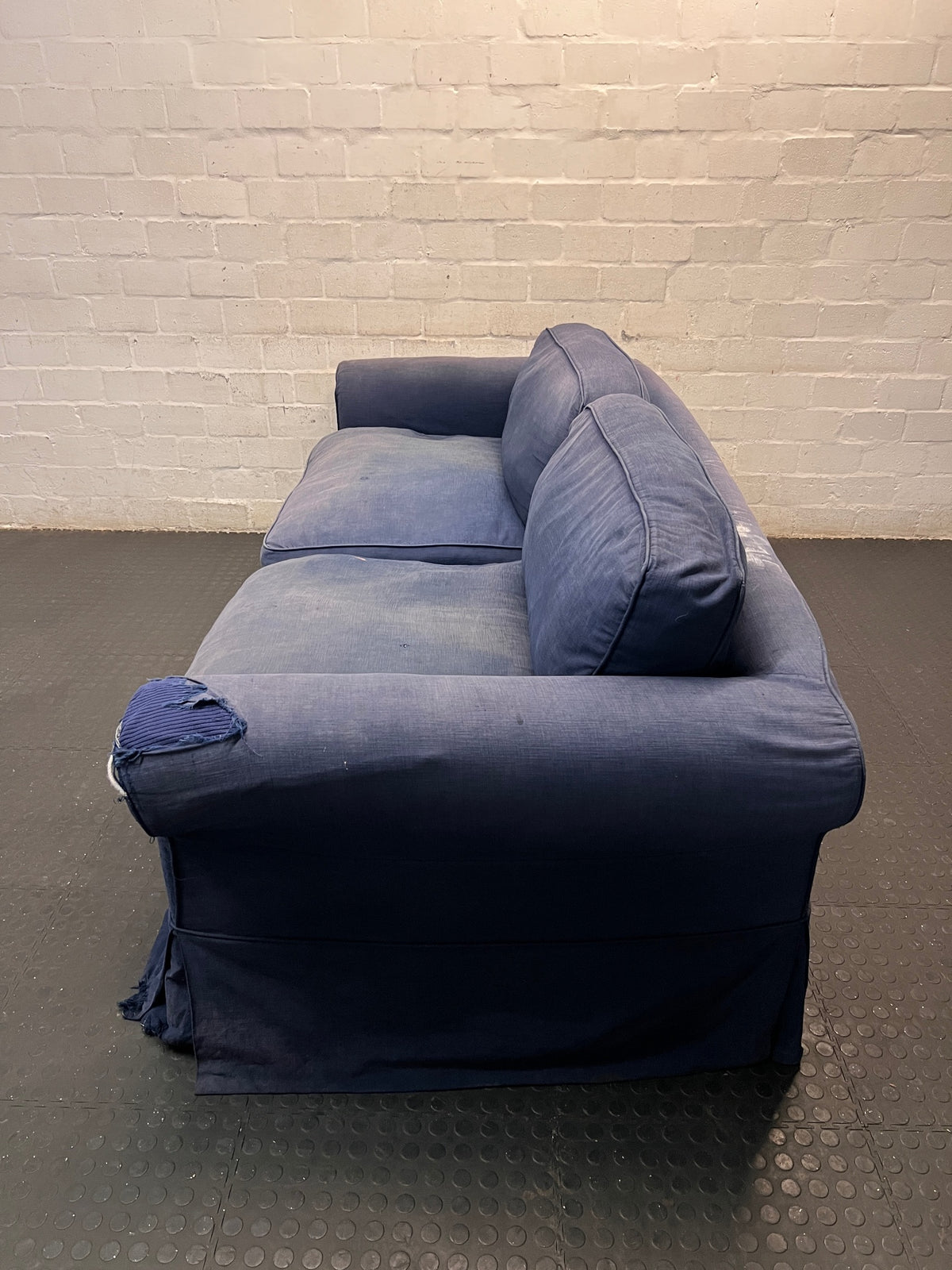 Navy Blue 3 Seater Couch with Rolled Arms — Damaged Armrest – top view