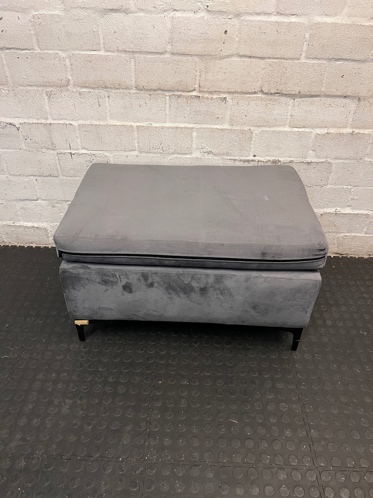 Charcoal Grey Upholstered Ottoman with Black Metal Legs — Good Condition – back view