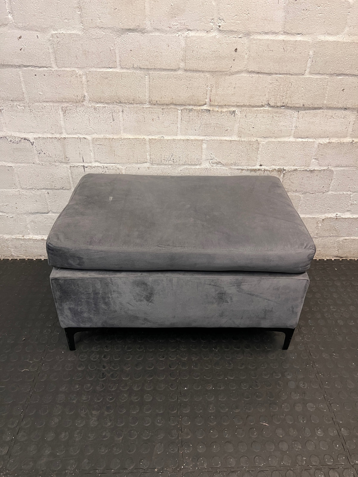 Charcoal Grey Upholstered Ottoman with Black Metal Legs — Good Condition – main front view