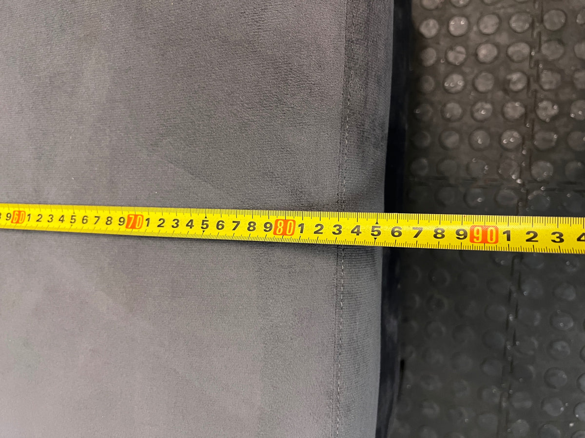 Charcoal Grey Upholstered Ottoman with Black Metal Legs — Good Condition – width measurement