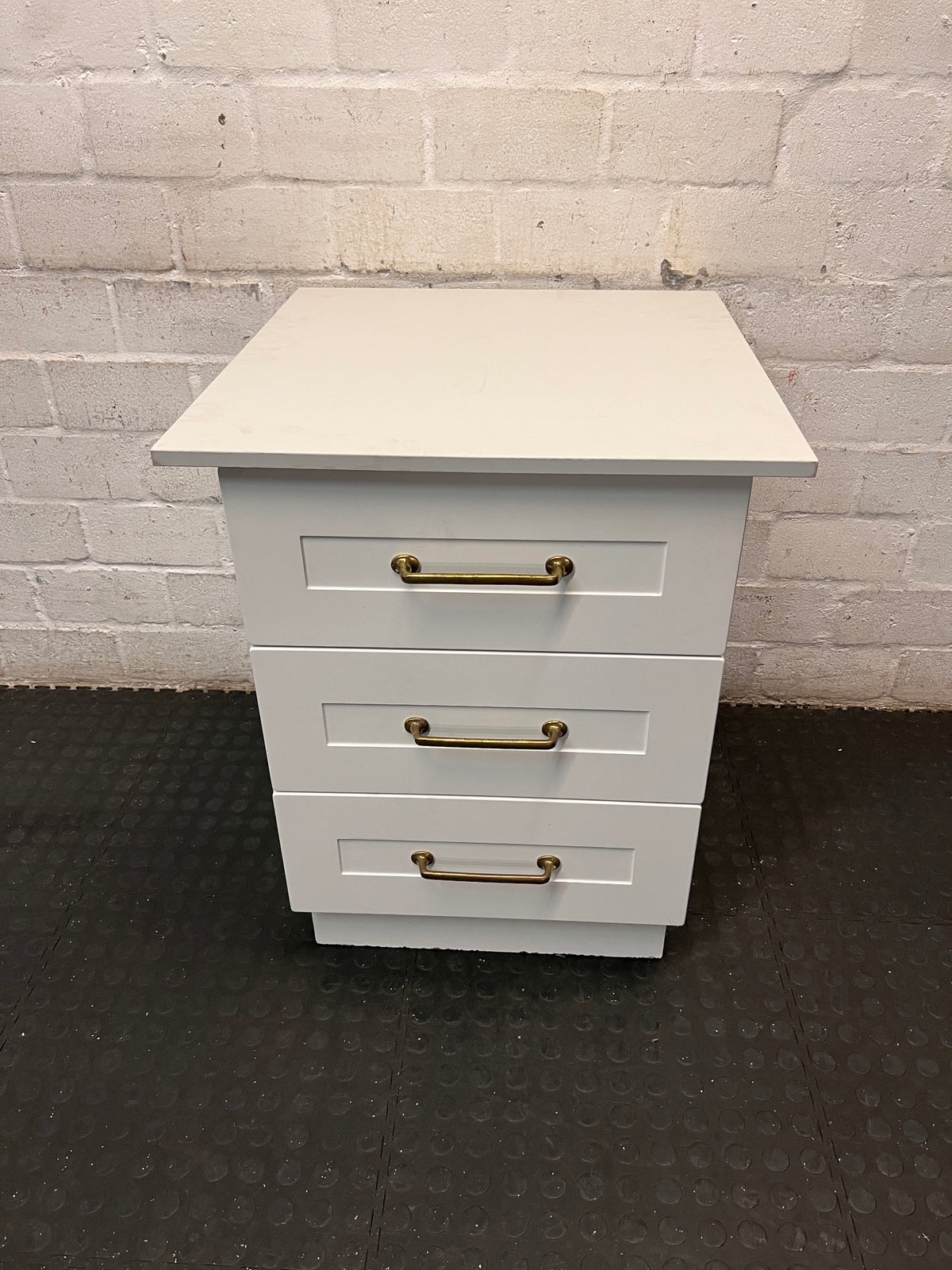 White 3-Drawer Bedside Table with Brass Handles – main front view