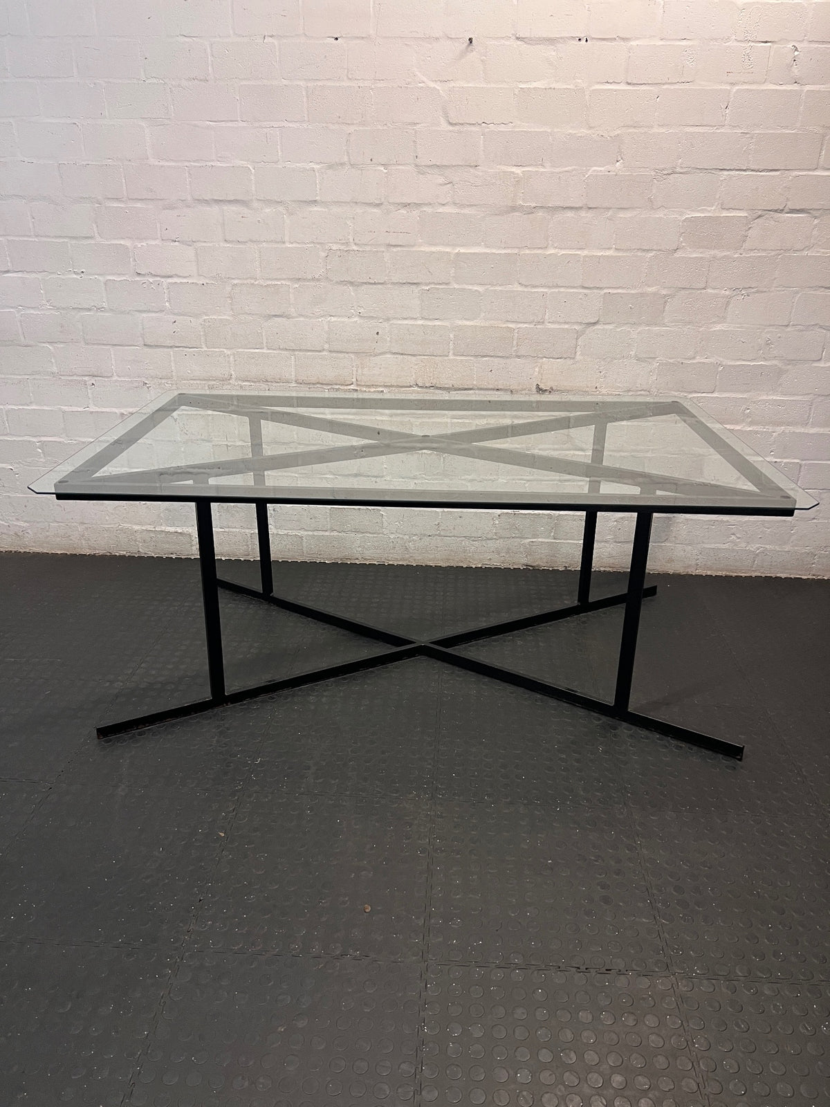Black Metal and Glass Dining Table with X-Base — Rust Markings on Metal Base – condition detail