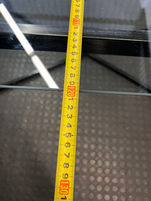 Black Metal and Glass Dining Table with X-Base — Rust Markings on Metal Base – depth measurement