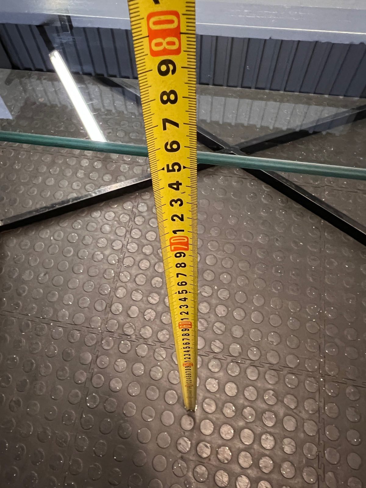 Black Metal and Glass Dining Table with X-Base — Rust Markings on Metal Base – height measurement