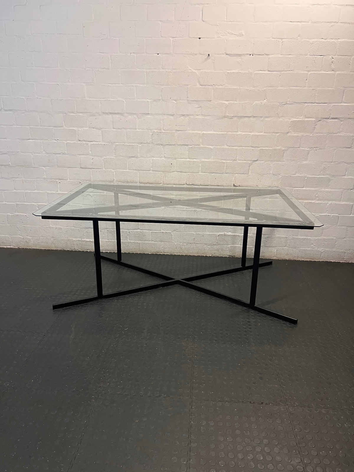 Black Metal and Glass Dining Table with X-Base — Rust Markings on Metal Base – main front view