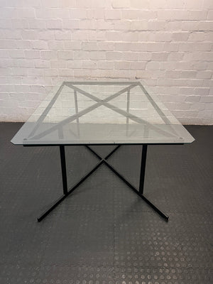Black Metal and Glass Dining Table with X-Base — Rust Markings on Metal Base – side view