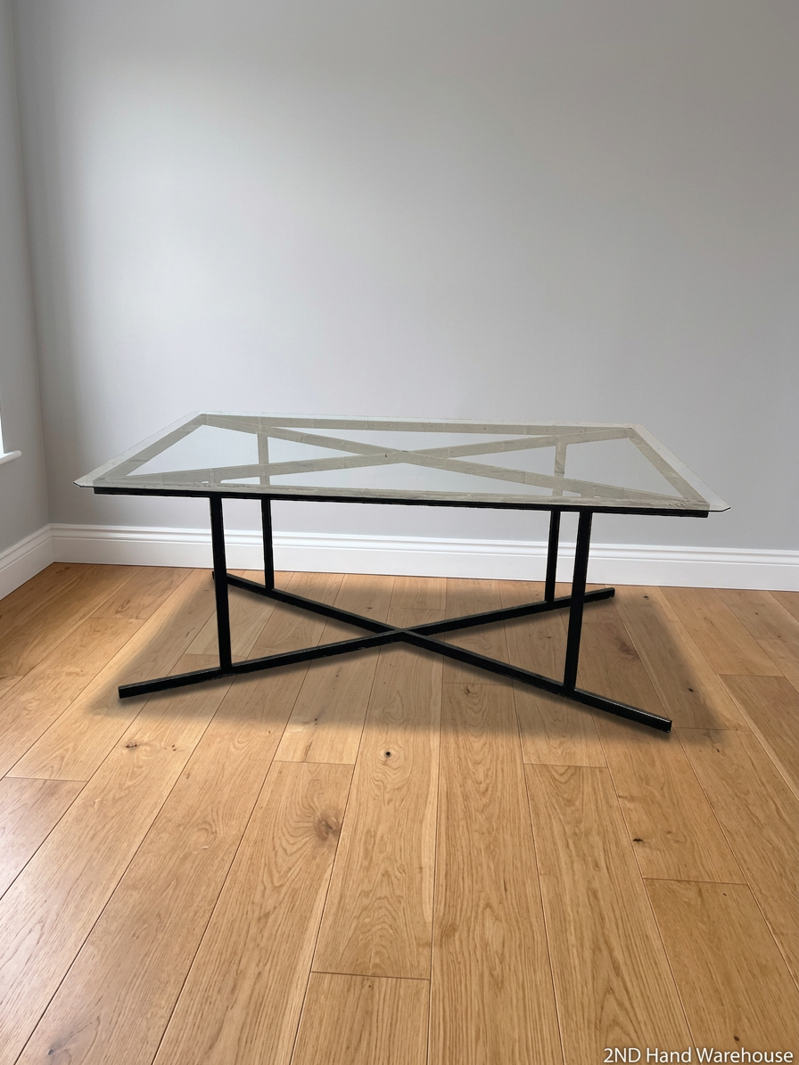Black Metal and Glass Dining Table with X-Base — Rust Markings on Metal Base – styled product image