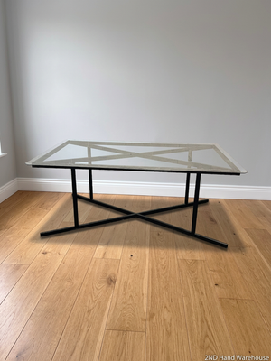 Black Metal and Glass Dining Table with X-Base — Rust Markings on Metal Base – styled product image